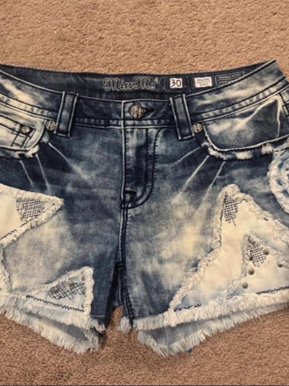 Miss Me Distressed Light and Dark Blue Patchwork Denim Shorts